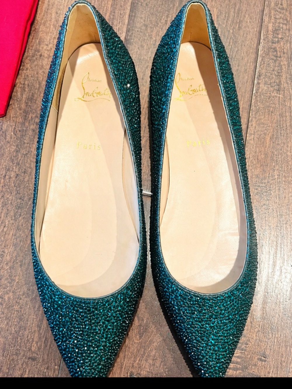 Christian Louboutin Green Glitter Pointed-Toe Flats with Red Dust Bag, box & bag - Picture 7 of 7